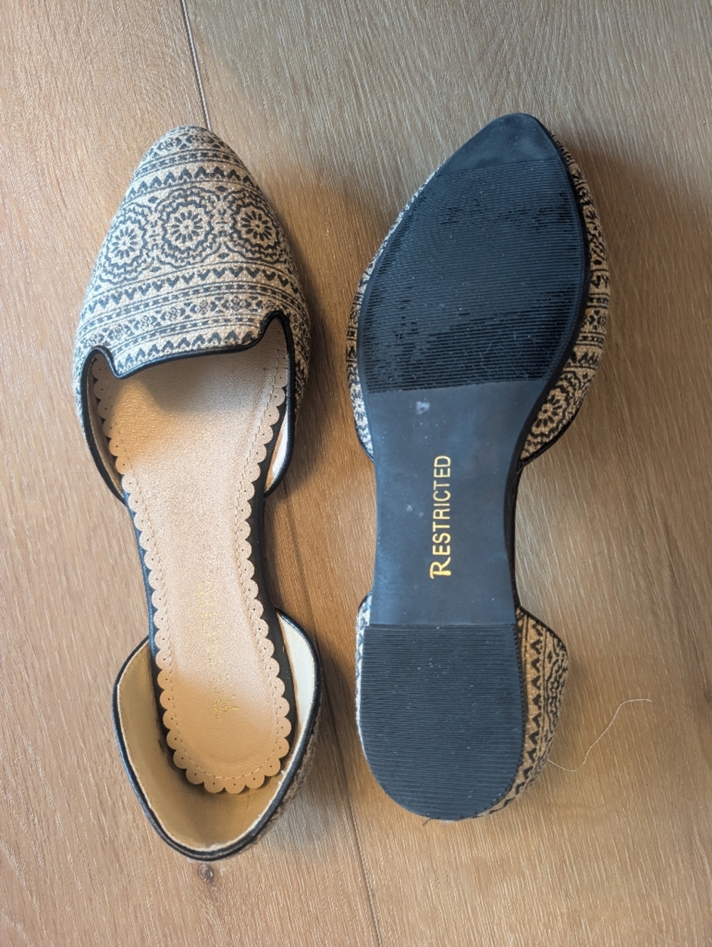 Restricted Beige and Black Patterned D'Orsay Flats, Size 9
